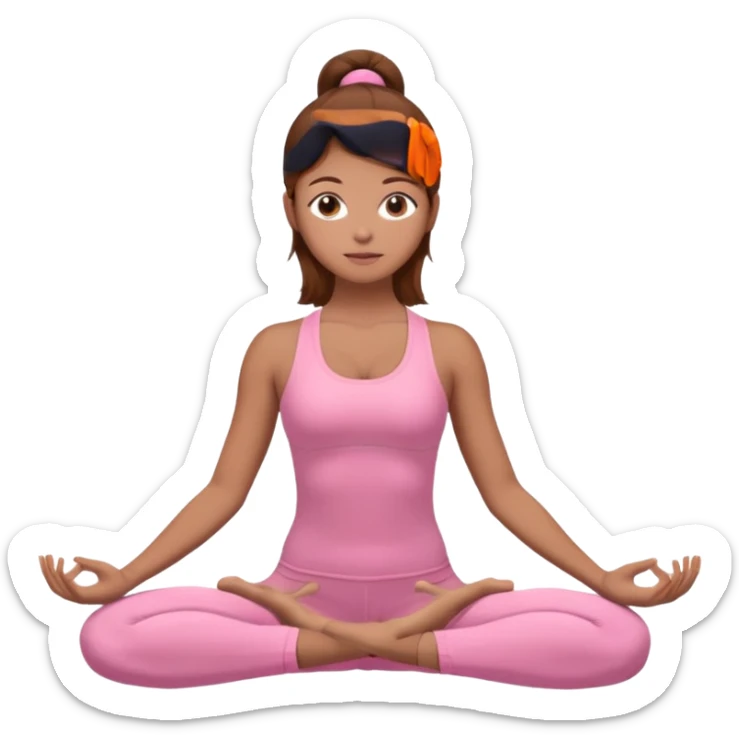Generate a girl in a yoga pose. She is wearing a pink suit and has brown hair. sticker