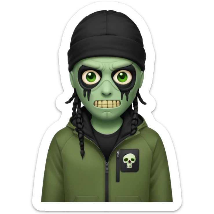 a zombie emoji with black dreads and a black nike jacket and black nike ski mask on his head sticker