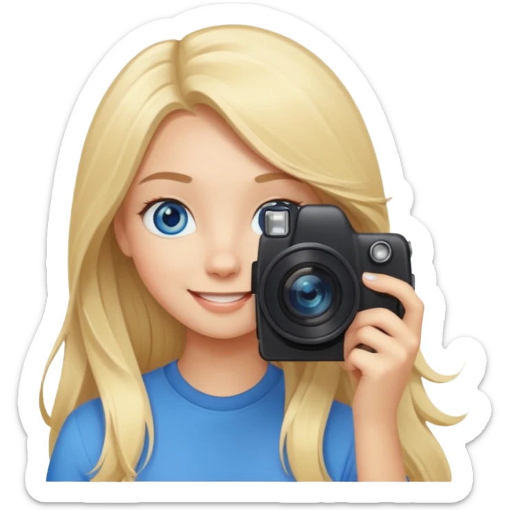  blue eyes blonde girl photographer cartoon taking picture in middle of taking picture camera in front of face long hair smiling funny flash professional, camera in front of face sticker