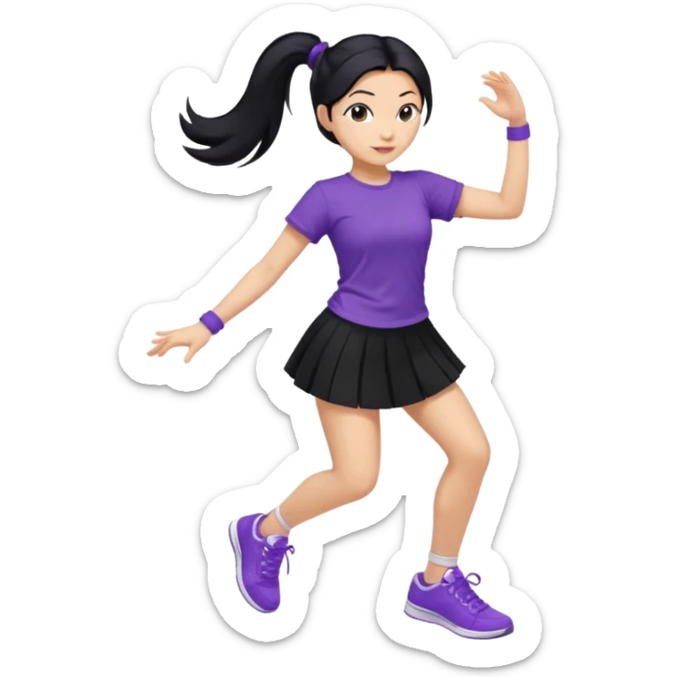 Mujer bailando con zapatillas violeta, pollera negra y remera violeta, mujer con pelo negro y recogido en una coleta sticker
