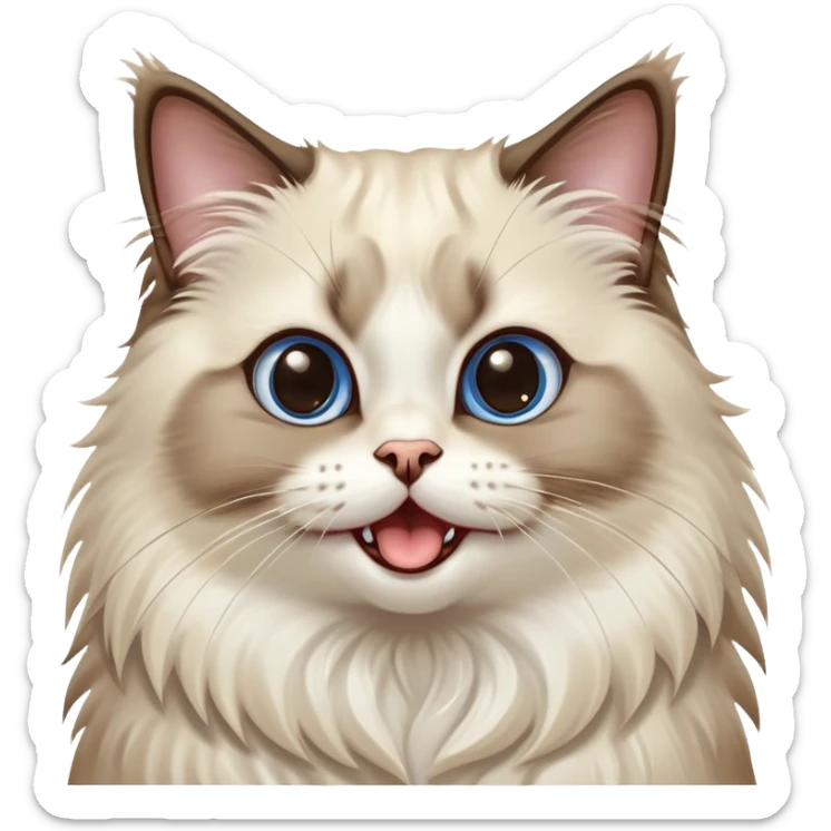 Cinematic-Adorable-Seal-Ragdoll-Cat-Portrait-Emoji – Big-eyed, fluffy Ragdoll cat with a playful head tilt and a cute yawn, soft brown-and-white fur with darker seal points on the ears and face, simplified yet irresistibly cute features, sparkling blue eyes full of mischief, highly detailed with a gentle glow. sticker