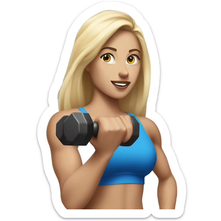 blonde woman working out with a blue shorts and black tank top and she is holding a dumbell sticker