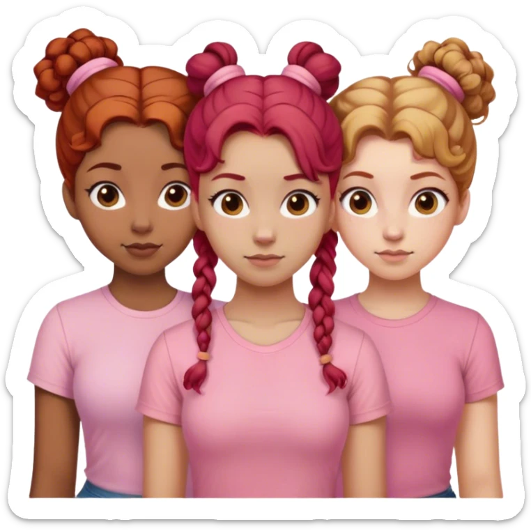 Three sisters one of them have red hair with buns. One of them have dirty blonde hair with ponytail. One of them have white curls with brown hair and they are all wearing pink shirts sticker