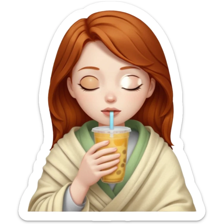 dark ginger haired girl with pale skin, wrapped in a blanket, sipping boba, eyes closed sticker