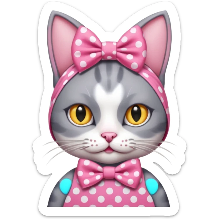 Evil Gray and white evil cat with a pink polka dot dress and with a pink polka dot bow on the Head  sticker