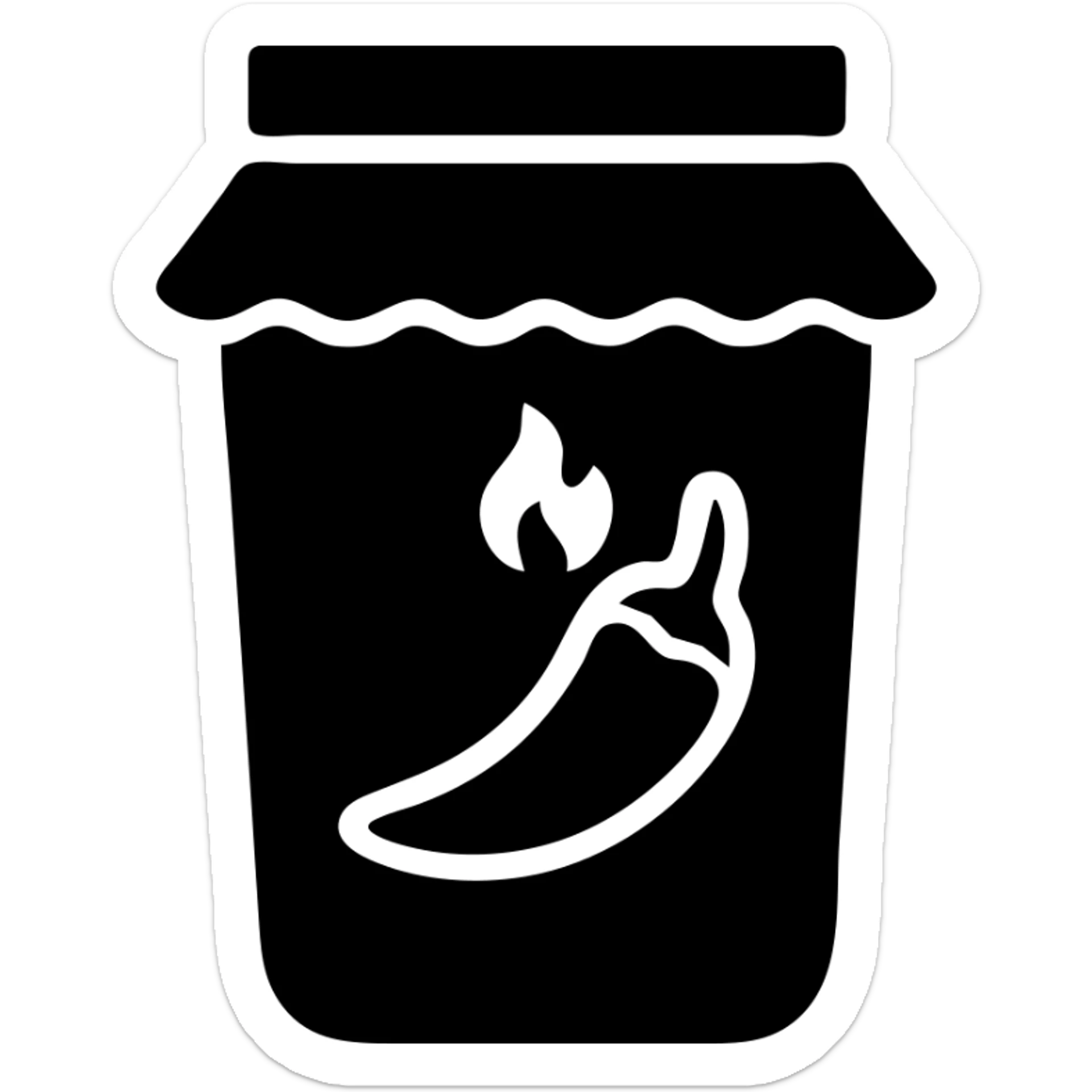 A sauce in a fast food packaging in black filled icon style with a red background and a spicy symbol sticker