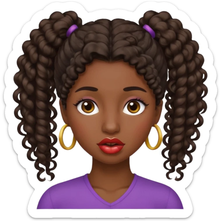 emoji sucking its lips in with one eyebrow up and the other one down dark skin and curly hair in one ponytail with eyelashes up to her hair sticker