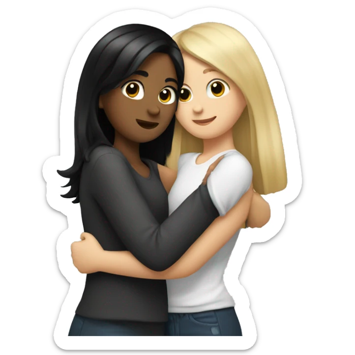 A girl with dirty blonde hair hugging a girl with black hair  sticker