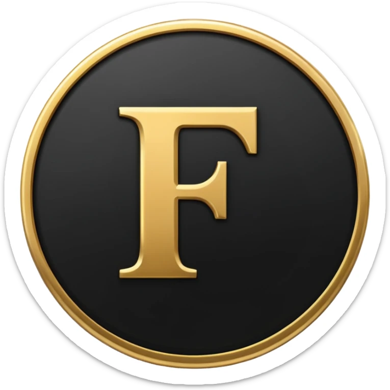 Emoji icon of a black coin with engraved letter F, minimalist style, isolated sticker