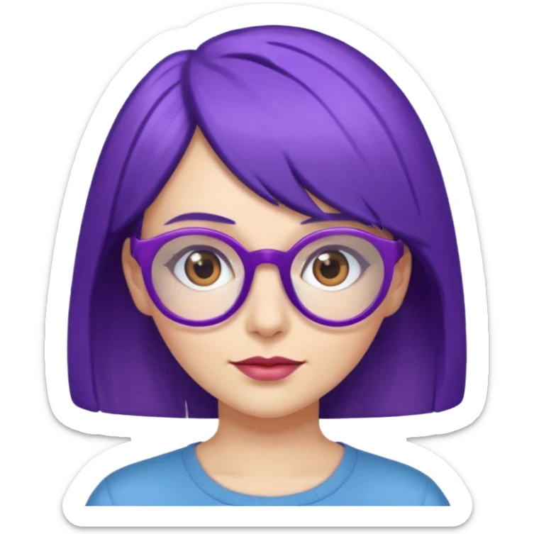 Cartoon adult woman with purple glasses, brown eyes, and blue medium length hair sticker