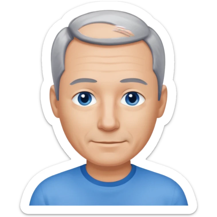 Middle aged man with receding grey and black hair and no beard, blue eyes, shy smile, tanned skin sticker