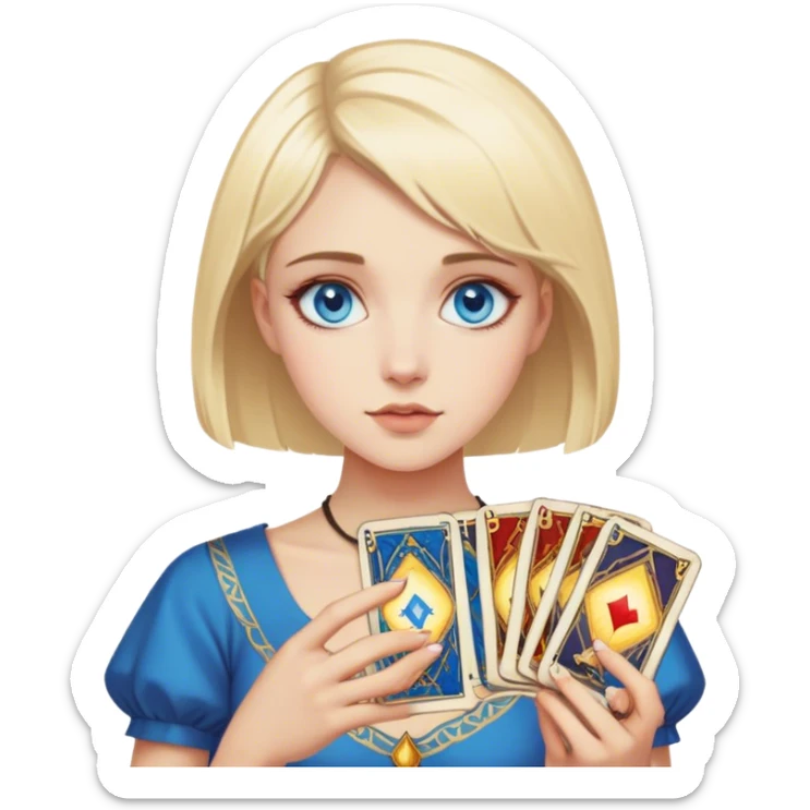 A blonde girl with blue eyes and short hair holds tarot cards sticker