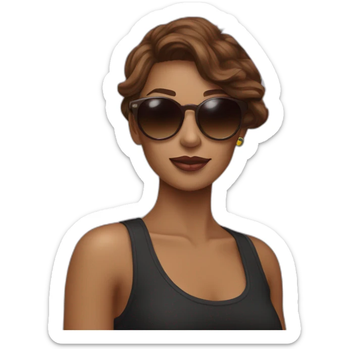 gay pride sunglasses on female head with wavy brown hair holding pride flag sticker