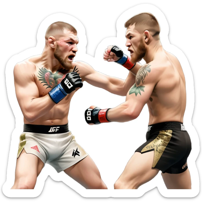 Iconic MMA match between Conor McGregor and Khabib Nurmagomedov in the octagon. McGregor throws a powerful punch while Khabib counters with a takedown attempt. The crowd roars in the background as the fighters showcase their intense rivalry. Transparent background captures the high-stakes fight sticker