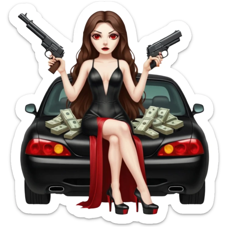 Lilith symbol red eye seductress evil long brown haired sexy succubus woman with leather long dress with slit on, sitting in Big Large F350 pickup truck. Platform long high heels on feet. Back seat full of stacks of cash, she is  Holding a human skull of her enemies and a gun in other hand sticker