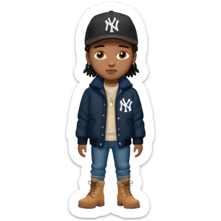 African American boy with short black dreadlocks wearing a black New York Yankees logo baseball cap wearing a black bubble winter coat wearing denim skinny jeans and timberland boots sticker