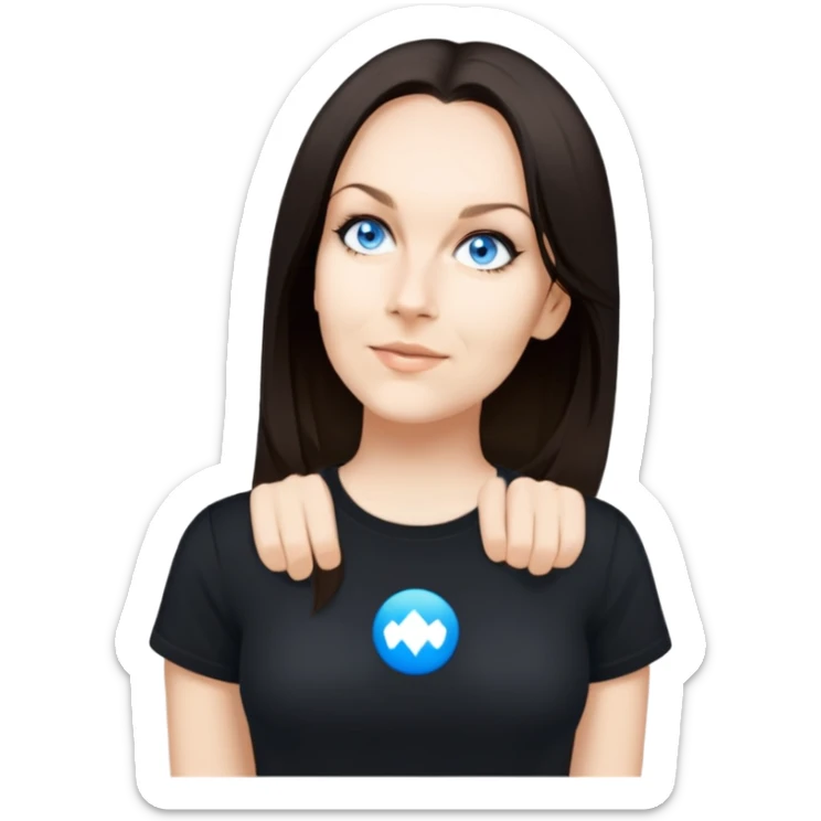 female, wearing black tshirt,  black hair sticker