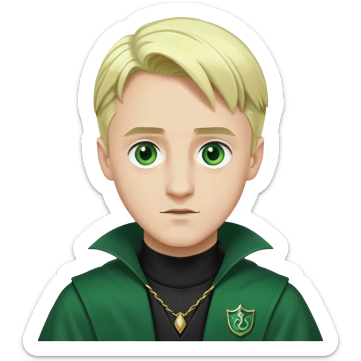 draco malfoy, slytherin, green, in a wizard outfit, blonde hair, blonde eyes, white skin sticker