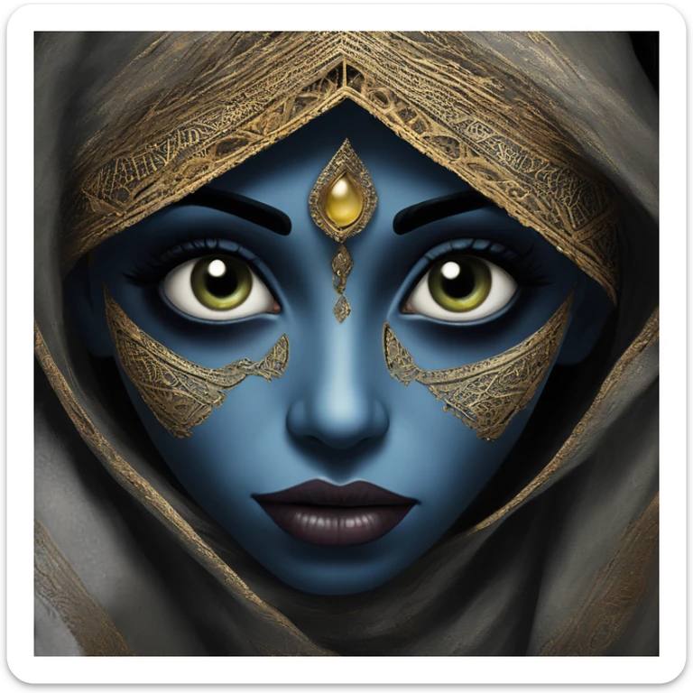 Mysterious alien in Aladdin style, oil paint, black eyes, intricate lips, intricate portrait, beautiful, desirable, logical, Arabic sticker