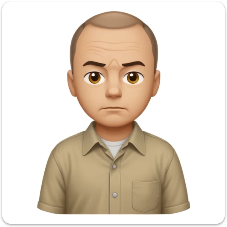 Sling Blade's Carl, serious, chin out, slouched, no glasses, collared shirt, three-quarter back view, full body, standing, head extended forward, emoji style sticker