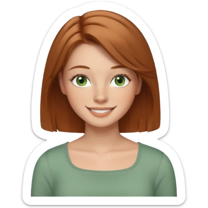 emoji of a woman named Freya McOmish, smiling, green eyes, light brown hair, subtle freckles, modern casual style, wearing a square neck top sticker