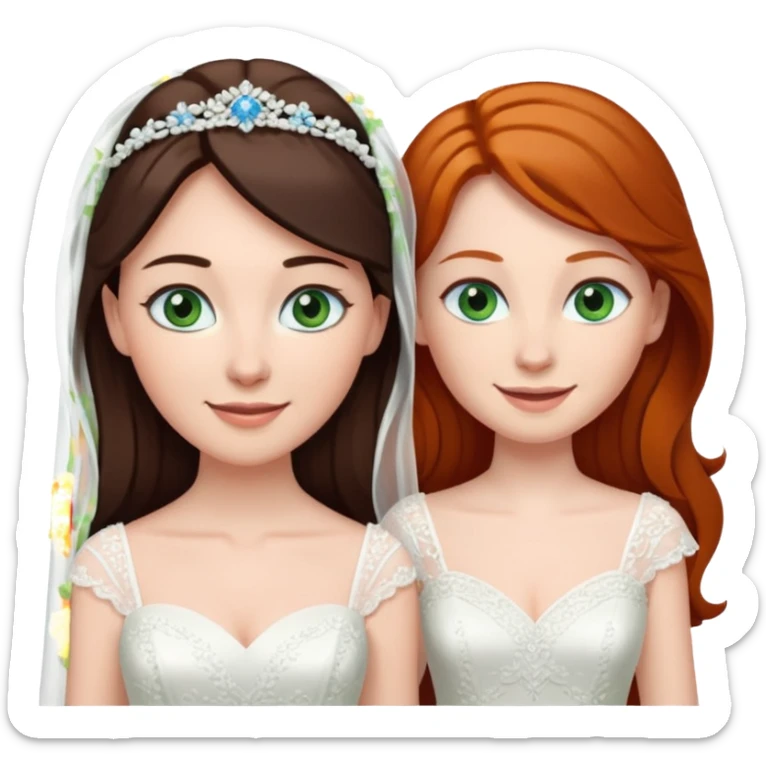 A tall, pale woman with very dark brown hair and green eyes marrying a shorter ginger woman with blue eyes, both in wedding dresses. sticker