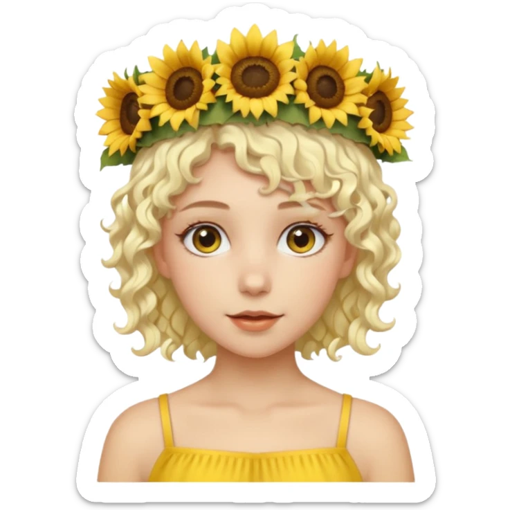 Fair skin female, short platinum-blonde curly hair, wearing a yellow sunflower crown. sticker