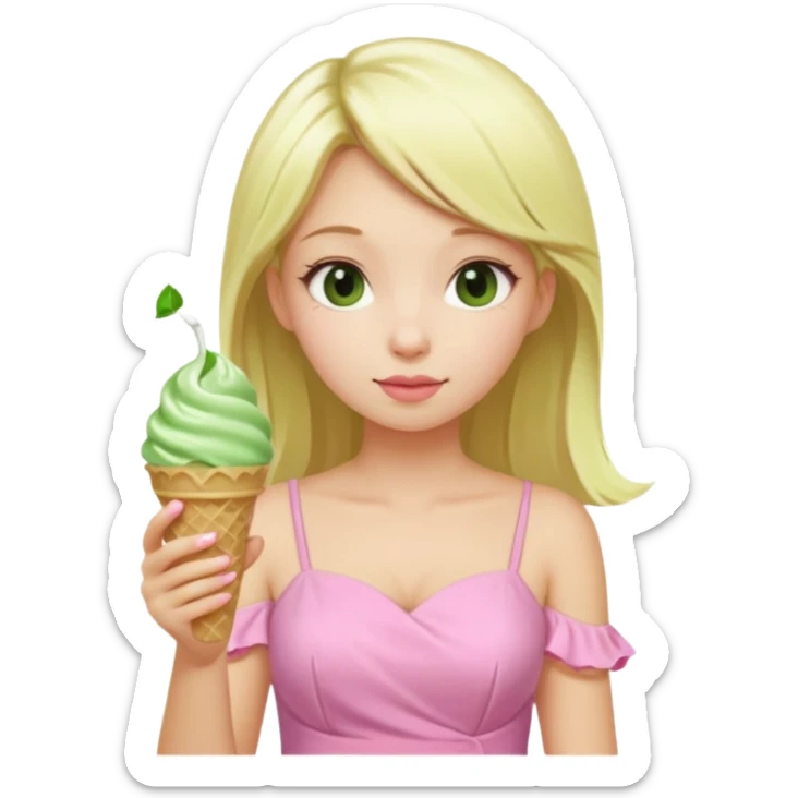 girl blonde long hair in pink dress,  eating matcha ice cream sticker