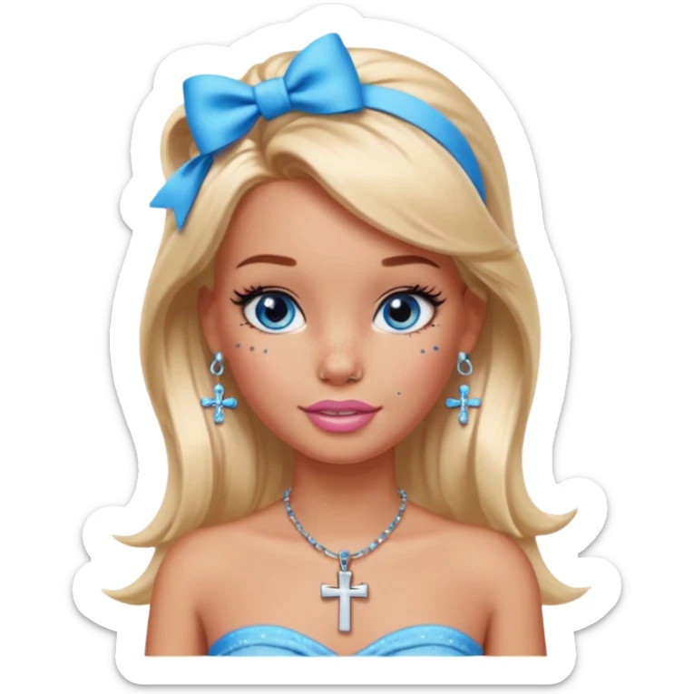 Barbie emoji with earrings and nose piercings and a cross necklace and blue eyes with bow in hair and tube top and long lashes with freckles  sticker