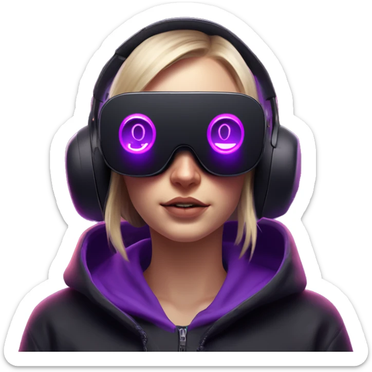 Russian girl wearing black hoody with violet letters "OMG", in vr headset oculus quest2. No eyes on headset. Cyberpunk style. Violet neon. sticker