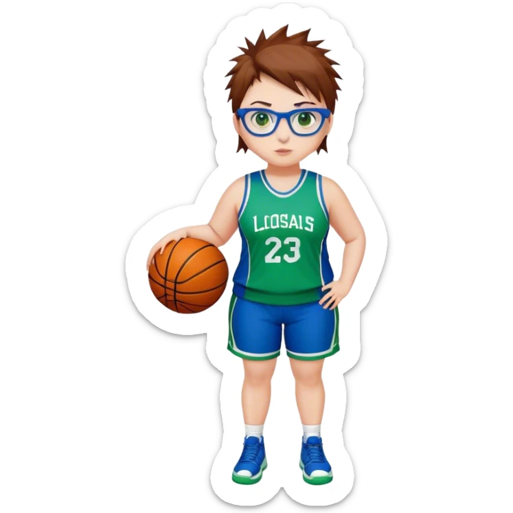 Full Body white plus size Girl with basketball spikey short brown HAIR wearing blue glasses with green eyes wearing blue and green basketball uniform PLAIN sticker