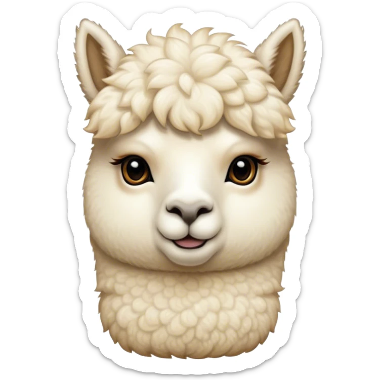 Cinematic Noble Cream Alpaca Portrait Emoji, Poised and regal, with a graceful, sturdy build and a luxuriously soft, well-groomed cream fleece, deep-set soulful gentle eyes, Simplified yet sharp and sophisticated features, highly detailed, glowing with a soft, dignified glow, high shine, intelligent and serene, stylized with an air of pastoral elegance, focused and attentive, soft glowing outline, capturing the essence of a watchful and confident companion, so majestic it feels as though it could stride out of the screen with effortless authority! sticker