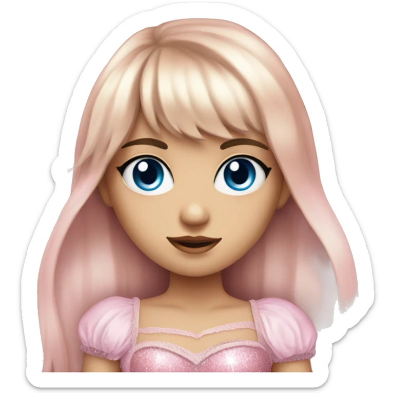A girl with long hair and fringe bangs who has blue eyes wearing a pink corset with a sparkly cut out in the middle sticker