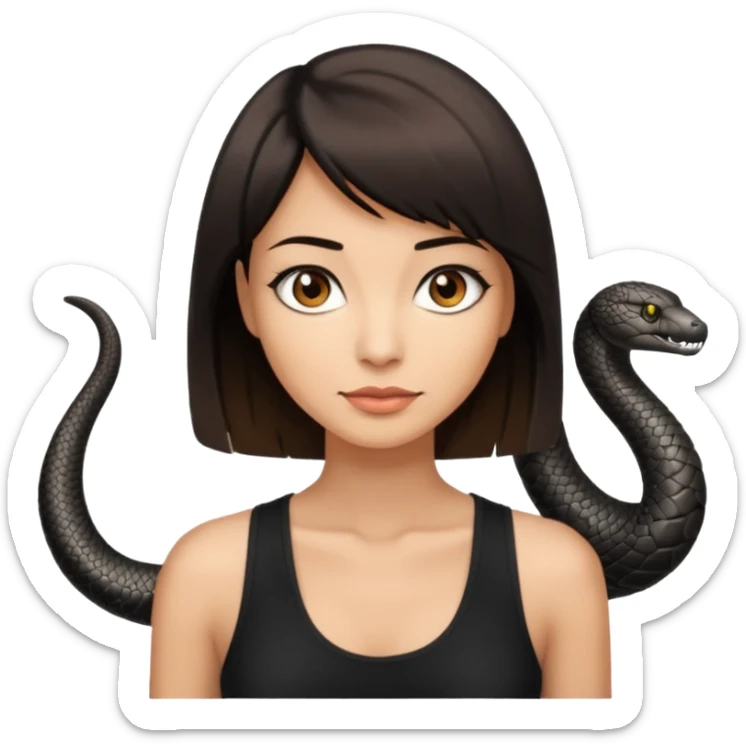 Femme brune yeux marron avec une coupe carré noir qui descend sur l'épaule , femme couleur de peau typé, avec un cobra a côté , débardeur noir sticker