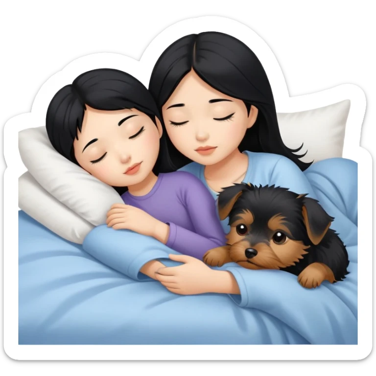 pretty asian girl with black hair sleeping in bed with small yorkshire terrier sticker