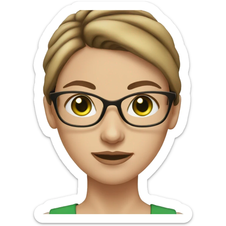 white skin woman with brown hair bun with green eyes and glasses sticker