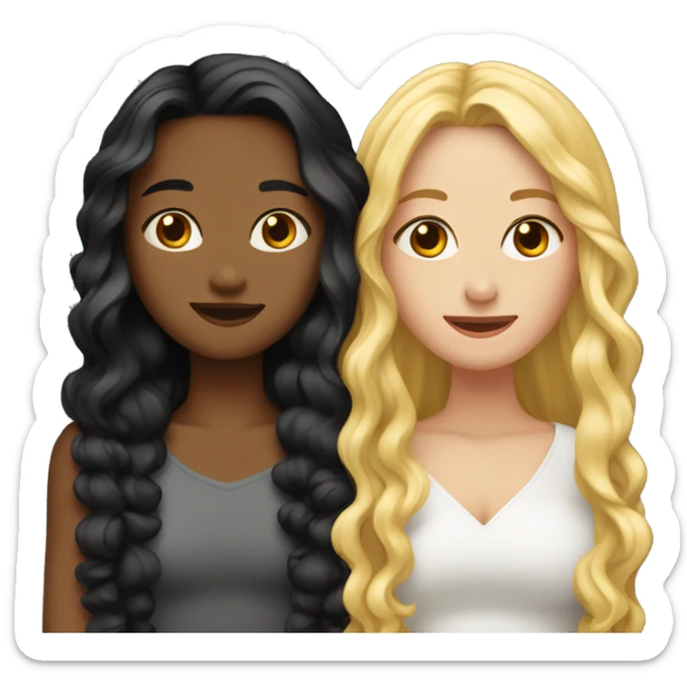 Woman with long straight blonde hair hugging a woman with long curly black hair  sticker