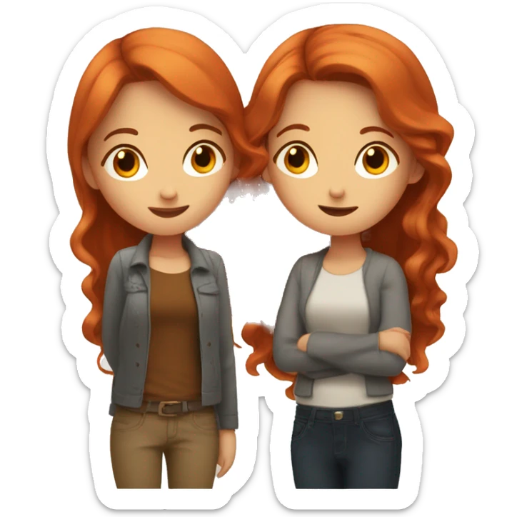 2 girls, one with red hair one with brown, standing next to each other and one is whispering in the others ear sticker