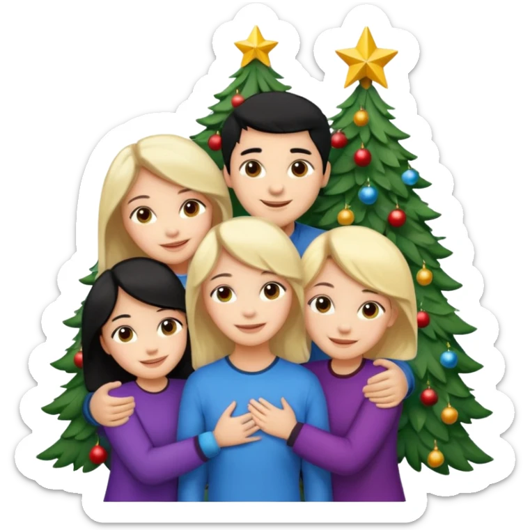 Generate Christmas-style emojis  family. Where light-skinned people stand near the tree all together, hugging and smiling.  girl should be Light-haired woman, woman, black-haired woman, and 1 man . Add 4 people: Mother, Sister, Sister, Brother  sticker