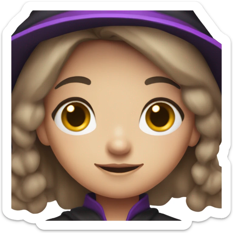 a young white thin girl with straight brown hair and dark eyes dressed as a witch with purple hat sticker