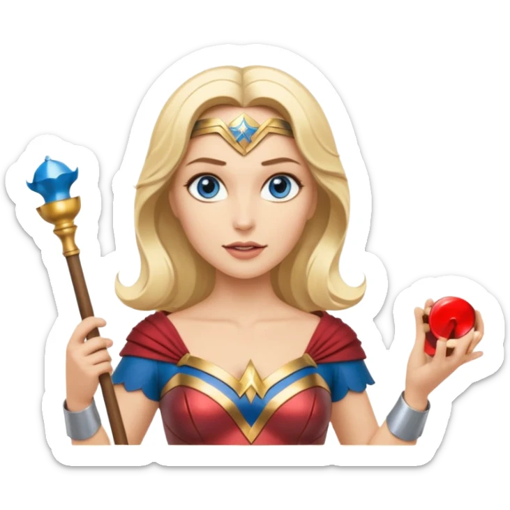 Blonde blue eyed Wonder Woman holding white orchestra conductor’s baton and bell  sticker