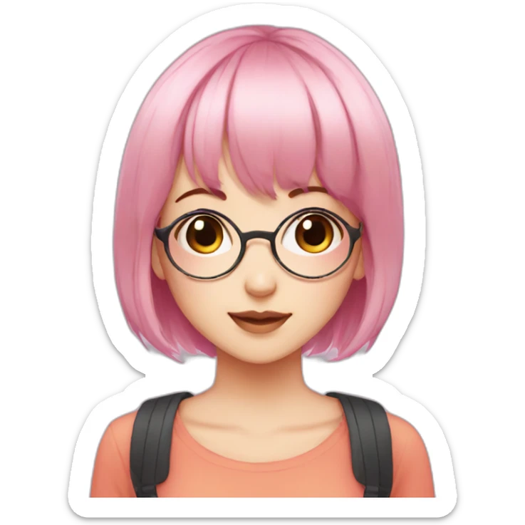 Cute anime girl with pink hair wearing glasses and with light makeup and short hair and bangs sticker
