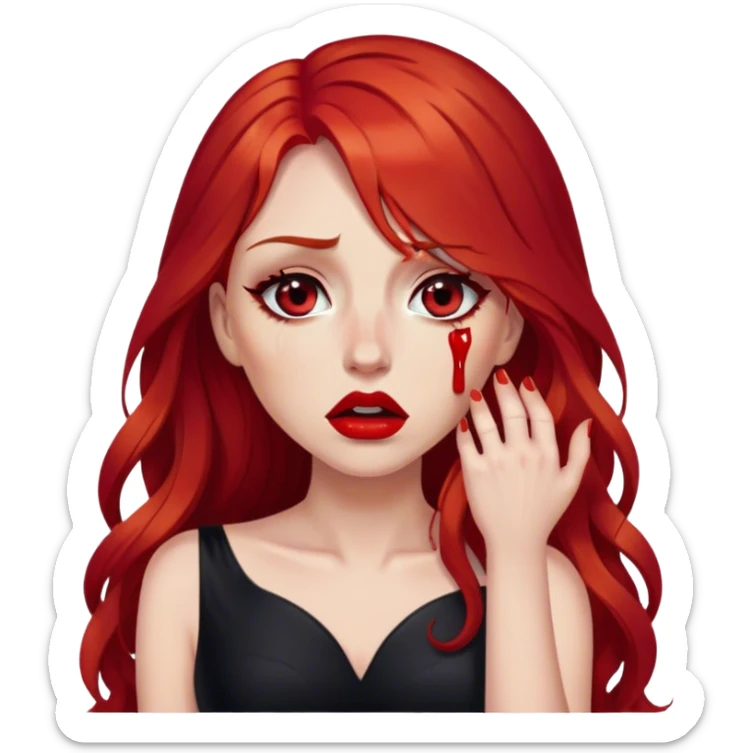 a crying woman with long red hair and red eyes. The woman wear a black little cutted dress. She have red lipstick and she have a seductive look. She cryed tears  sticker