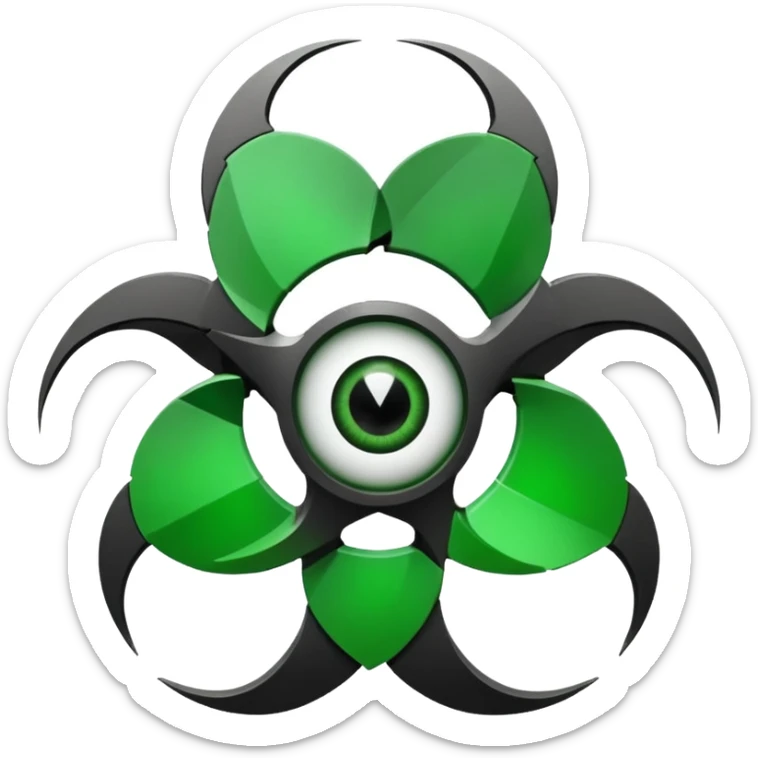 Minimalist emoji-style sticker of a fractured biohazard symbol with a small eye in the center. Stylized, geometric, no text.
 sticker
