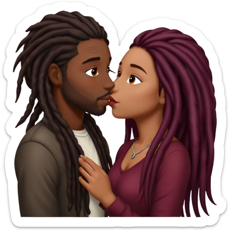 Dark Wine colored hair Latina long hair, kissing black guy with dreads sticker