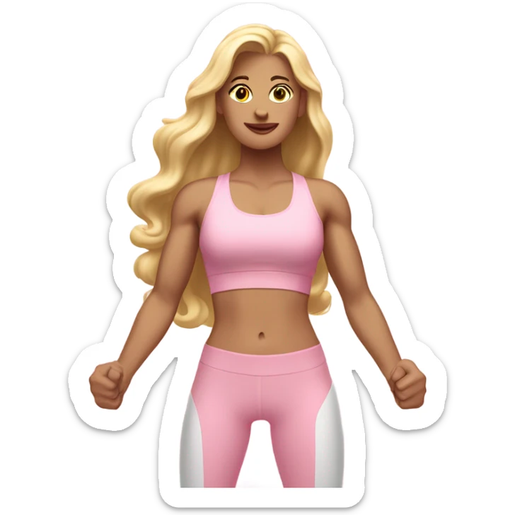 White woman, pale woman, long hair, blonde hair, wavy hair, baby pink sports bra, baby pink leggings, flexing right arm sticker