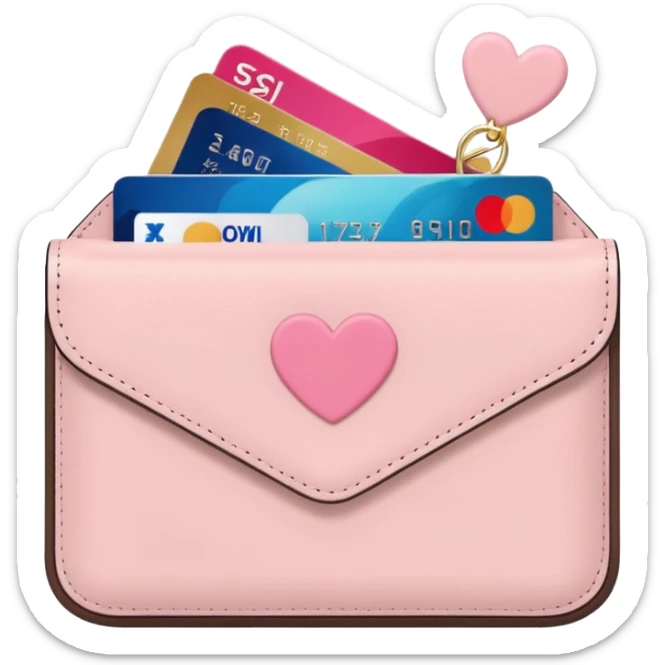 Pale Pink cute Wallet with heart charm, credit cards inside and flowers growing from it, clean aesthetic sticker