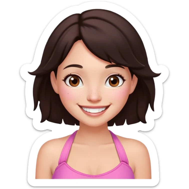 fairy woman, dark brown bob, brown cheek freckles, big smile, pink halter top sticker