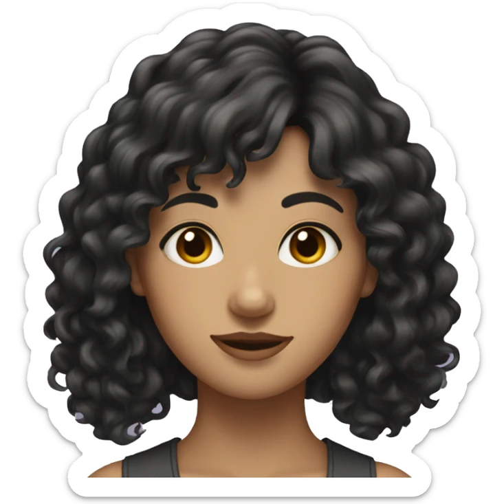 woman with long black curly hair and bangs and dark brown eyes sticker