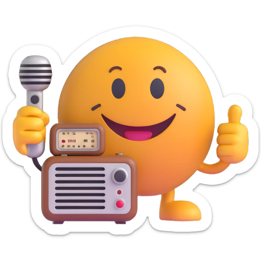 3D smiley emoji, round shape, grandfather with an old radio, brown color, smiling face sticker